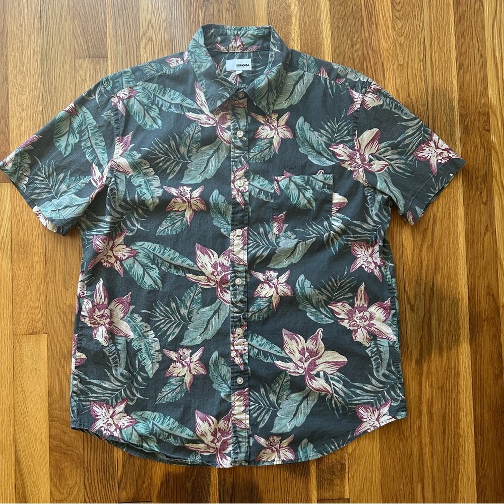 Sonoma Men’s Hawaiian Button Down Shirt Green Floral Short Sleeve Cotton Blend L